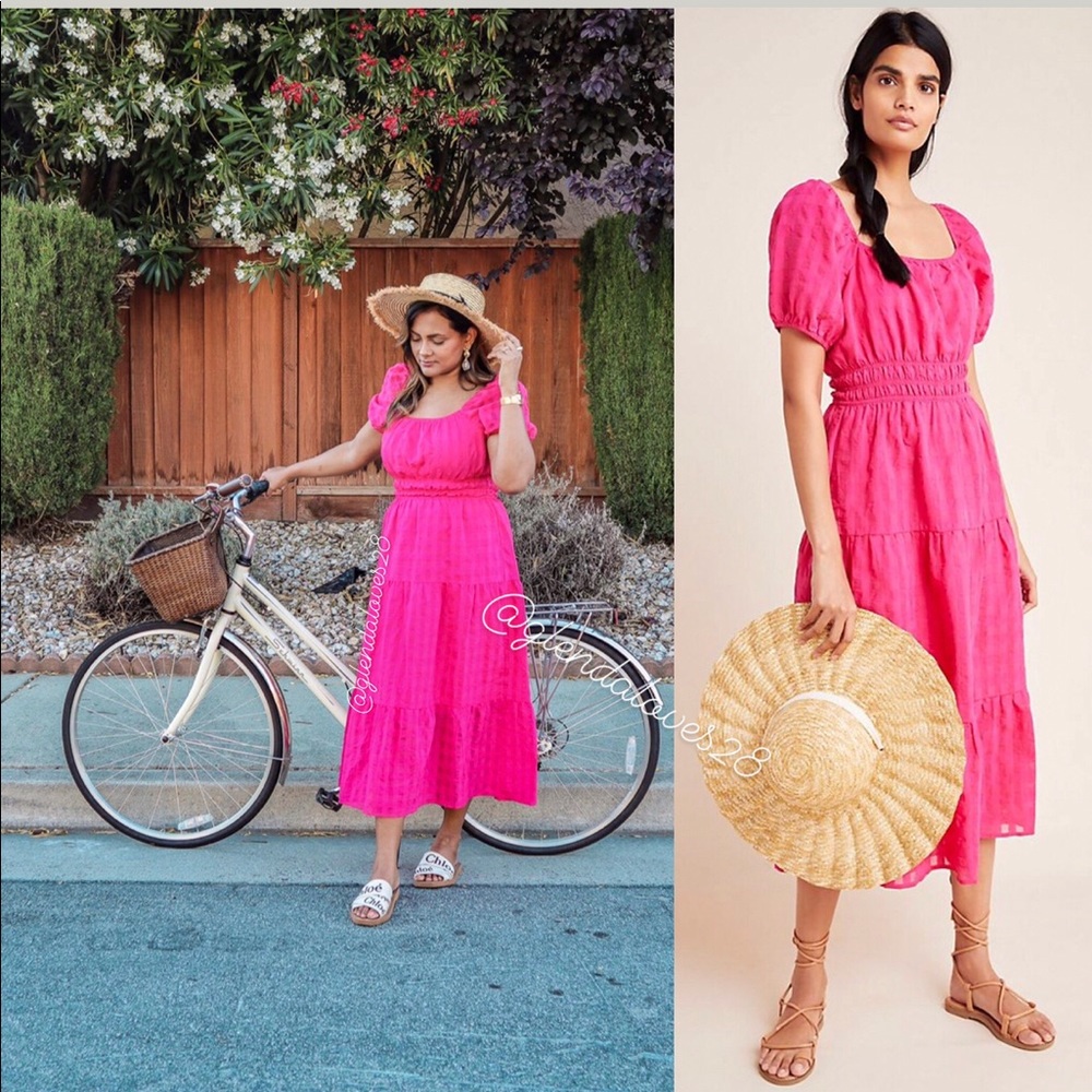 Anthropologie Francesca Tiered Midi Dress Pink S